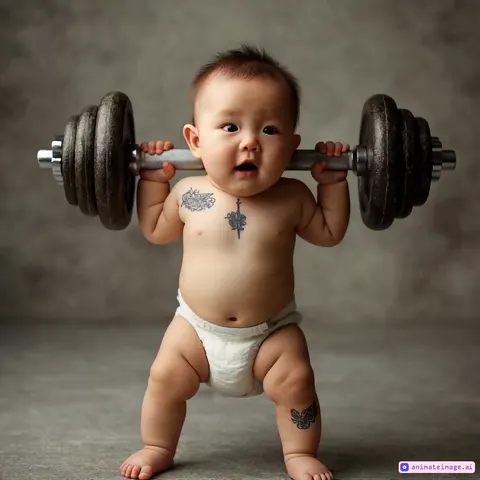 Baby lifts the heavy weight easy. Adult crowd is cheering him. A young girl is giving him a gold medal around his neck after he wins . Baby is extremely excited 