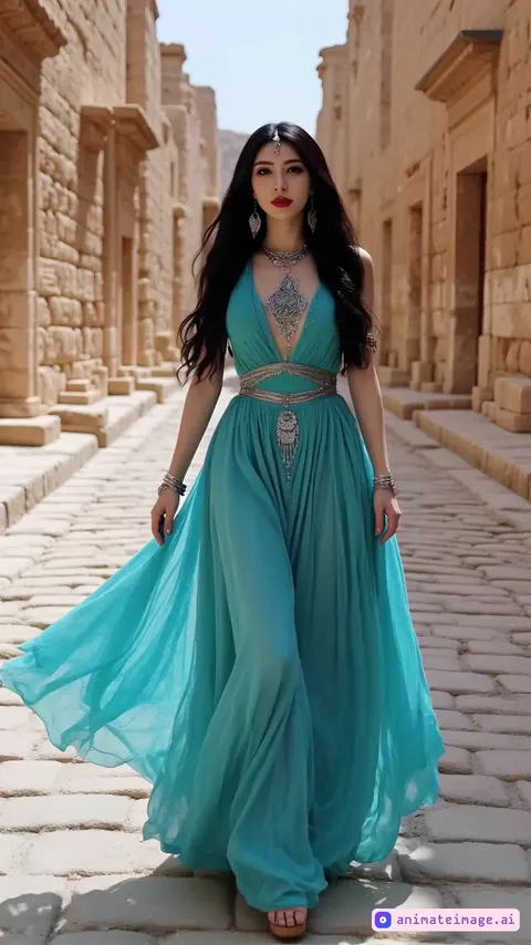Make her walk in a beautiful and feminine way towards the camera, while her dress and her hair is moving from a small breeze. 