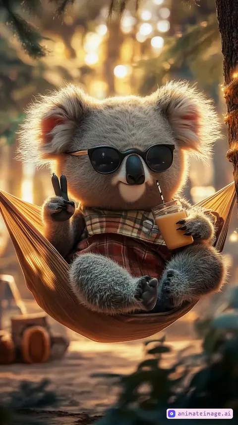 Koala sitting on a hammock. Koala is showing peace sign.