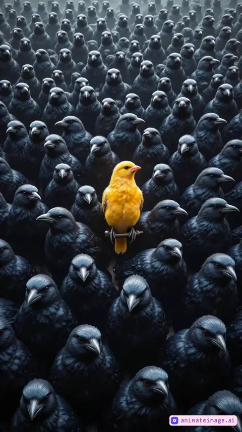Flock of black birds with one yellow bird