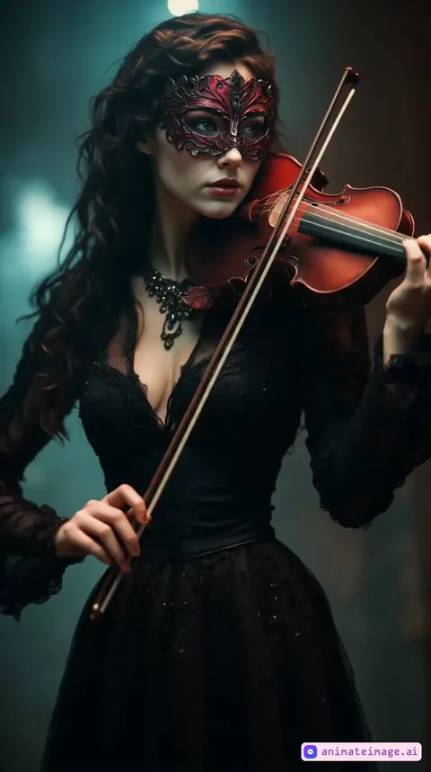 rotating lens, she playing the violin, moving mist, muted colors