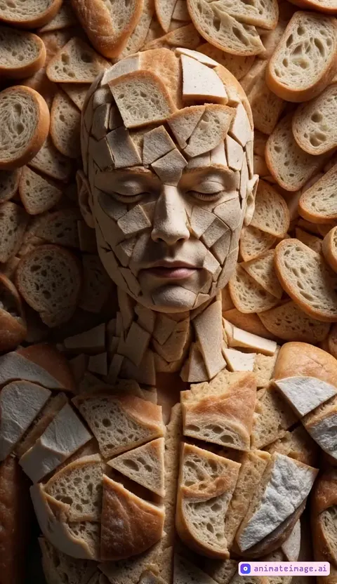 Drops of melted butter begin to slowly fall from above, sliding realistically over the surfaces of the bread. The character reacts with pleasure: a slight smile appears while gently moving his head and torso with undulating, sensual and fluid movements. The butter increasingly covers the bread, highlighting the textures and dripping to the bottom. The scene ends with a close-up of his face completely covered in shiny butter, showing absolute satisfaction before fading away. Warm lighting and extreme realism.