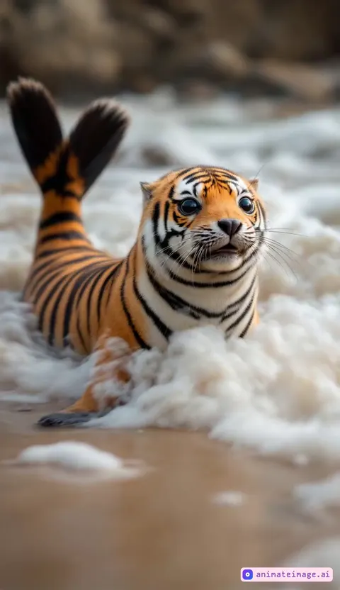 A very cute and adorable orange and black stripped seal waving on hand as greeting and light smiling