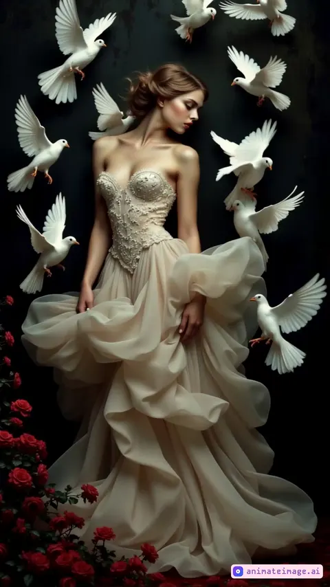 The character turns his face toward the viewer and stares point-blank. birds fly toward the viewer.