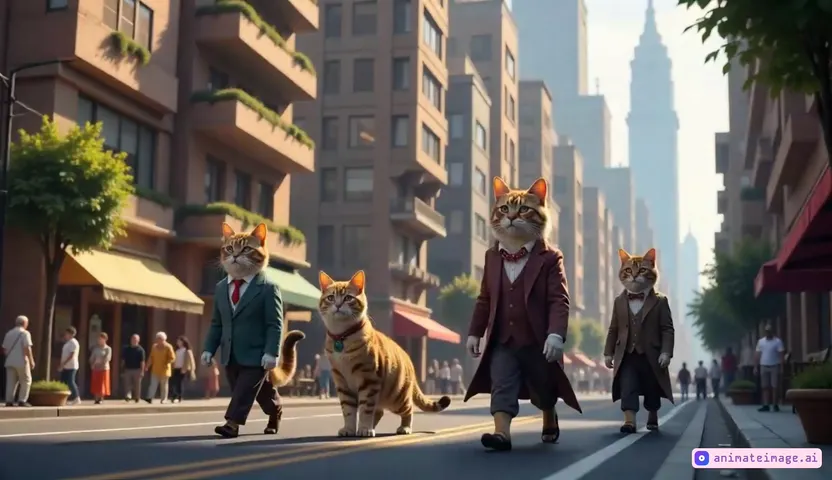 Upright cats walking a whimsical city street