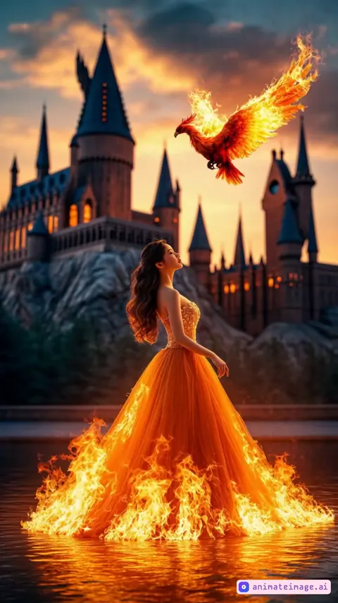 A stunningly beautiful woman in an elegant, flowing dress made entirely of roaring flames dances a waltz on a dreamlike crystal stage. Above her, a majestic phoenix, also composed of vibrant, glowing fire, soars gracefully, its fiery feathers casting a warm, intense light. In the background, the iconic Hogwarts castle rises majestically, illuminated by the soft glow of the twilight sky, with its towers and turrets silhouetted against radiant golden clouds. The castle's windows glimmer faintly, reflecting the fiery brilliance of the scene. The hyper-realistic 4K image captures every intricate detail, blending the magic of Hogwarts with the breathtaking elegance of the flaming woman and her phoenix.