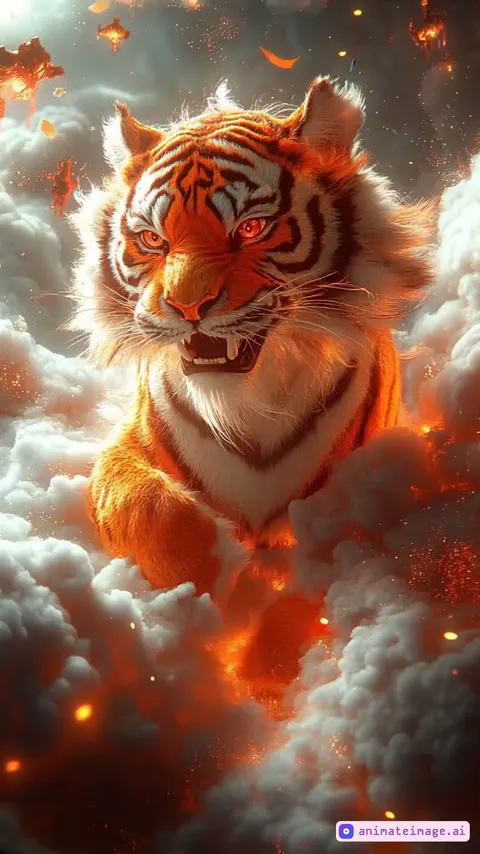 Create an animated sequence featuring a powerful tiger leaping out from fiery, smoke-filled clouds. Begin with a slow-motion build-up of glowing embers and swirling smoke, intensifying the atmosphere. The tiger emerges with dynamic motion, its fur shimmering with fiery light and its eyes glowing a deep red, exuding raw energy.Enhance the scene with cinematic effects: add streaks of orange and red flames trailing behind the tiger as it moves, with motion blur to emphasize its speed and power. Include dramatic lighting, with rays of golden light piercing through the smoke, highlighting the tiger’s muscular form and fierce expression.Use a camera zoom effect to start with a wide-angle view of the tiger and surrounding environment. As the tiger leaps forward, the camera zooms in, focusing on its face and fiery eyes for a dramatic close-up. Add soft particle effects, like glowing embers and ashes floating in the air, to blend the tiger's motion seamlessly into the fiery environment. Conclude with a burst of flames as the tiger lands, creating ripples of energy in the surrounding smoke.