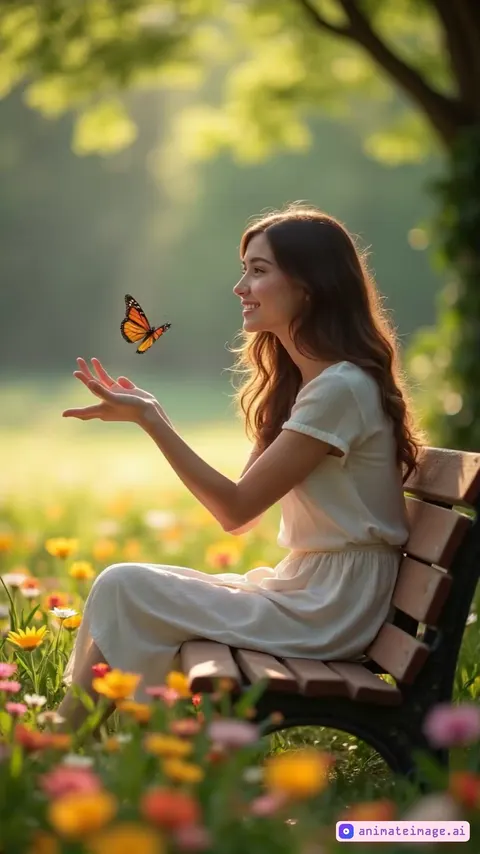 Woman with a butterfly on her hand in a park