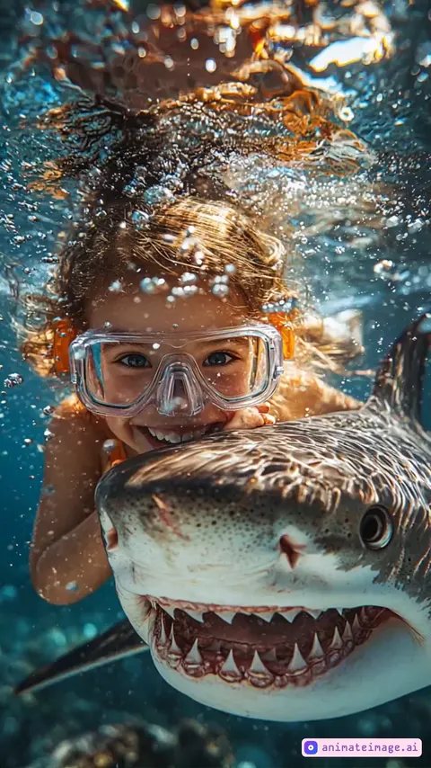 A child underwater in the sea hugs a shark. The child and the shark swim together. the camera follows the subject moving
