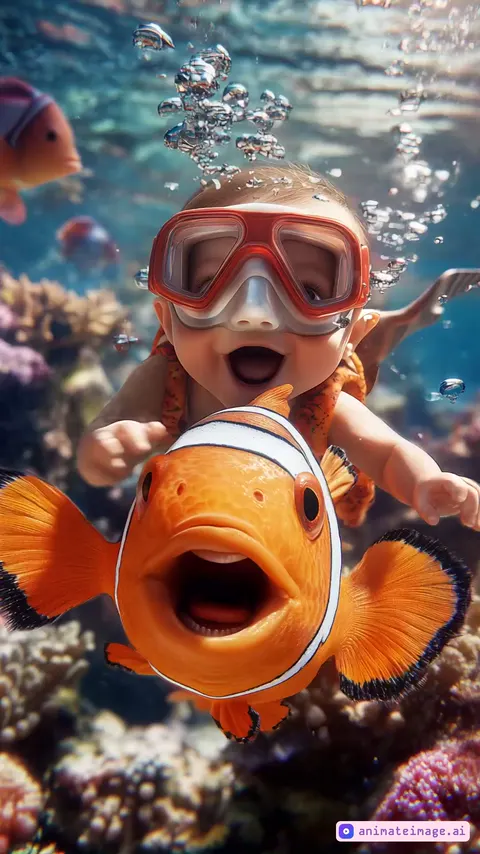 A lively and curious boy riding on the back of a realistic clownfish with bright orange and white stripes, swimming energetically underwater. The clownfish moves gracefully yet quickly, navigating through a vibrant underwater world filled with detailed coral reefs in pink, purple, and green hues. Schools of colorful tropical fish dart around, and bubbles rise dynamically, adding to the sense of motion. Sunlight beams filter through the clear turquoise water, creating realistic light patterns on the boy, the fish, and the surroundings. The scene is fast-paced, immersive, and cinematic, capturing the energy and wonder of a thrilling underwater adventure.