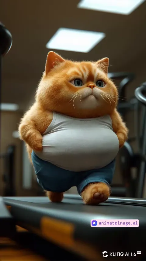 A slow-motion close-up shows the cat wiping sweat from its forehead mid-stride, its expression deeply unhappy. It heaves a heavy sigh/ Comedic and poignant."