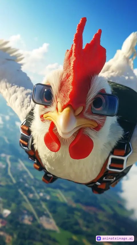 in a very fast movement a chicken taking a selfie while skydiving