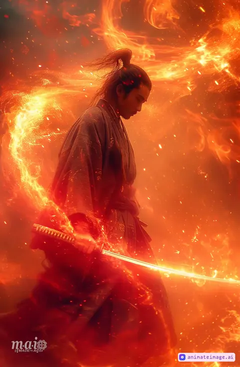 Dynamic shot of a warrior walking towards camera