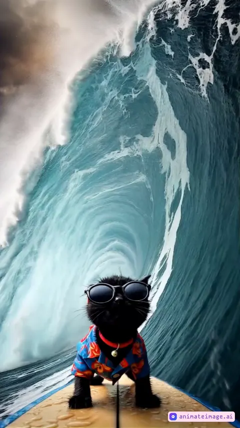 POV camera angle mounted on the surfboard, showing a short-haired black kitten wearing a colorful Hawaiian shirt, soaking wet from a massive wave crashing down. The scene captures the kitten turning its head back, eyes wide with panic, as it tries to balance on the surfboard and escape the towering, curling wave. The ocean is turbulent, with water droplets on the camera lens for added realism, while the stormy sky and dramatic lighting highlight the intensity of the moment