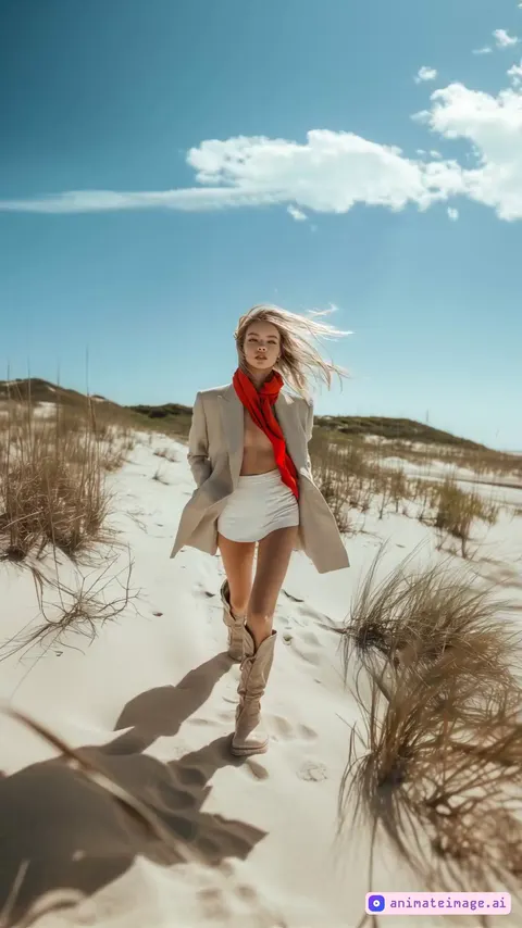 Woman in a sand-colored suit jacket walks toward the camera