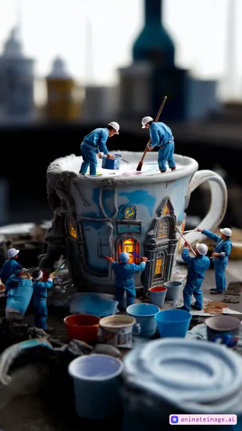 In the heart of the city, tiny workers in blue construction suits paint bright designs on a cup-shaped house, carefully painting it with delicate brushes. Scattered around are miniature paint buckets, glowing stencils and intricate tools.