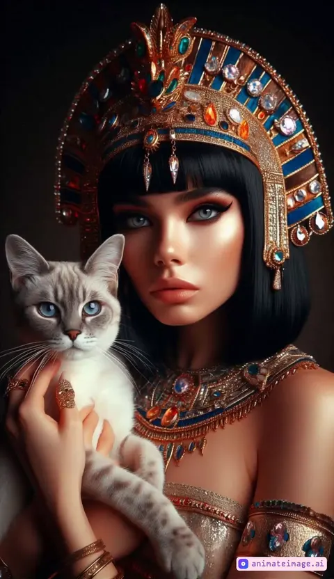 A woman gets closer to a cat, and the cat gently sniffs her. A gentle breeze brushes her hair, the cat's fur, and the flowers in the background as clouds drift away. The camera zooms in
