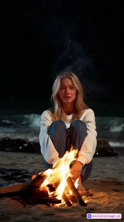 It’s nighttime on a dark beach. At the center of the scene,  we see a blonde, beautiful woman sitting legs crossed behind a camp fire. She is wearing a white sweatshirt and blue jeans. Wu see the flames of the camp fire in the composition, she's under the flickering light of a campfire. The warm orange glow of the fire softly illuminates her face, while a cool breeze from the sea gently stirs her hair.The woman looks toward the camera, her gaze filled with a deep emotional turmoil, combining sadness and surprise. Her features are dramatically highlighted by the light, emphasizing the raw emotions on her face. Camera slowly zooms in her face. In the background, the sea’s waves can be seen, their white crests breaking on the shore and adding a subtle sense of motion to the dark night. 