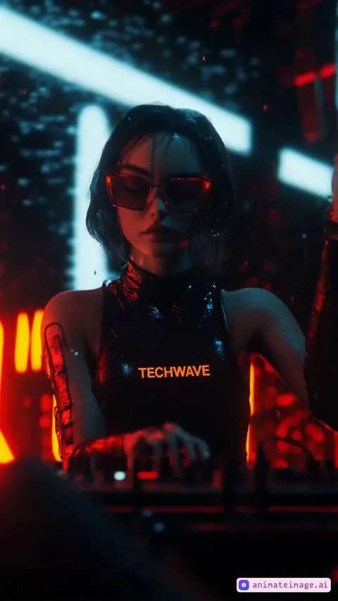 the lady dj dances while playing her set, camera zoom out showing a lot of people dancing to a 120bpm music, red strobbing lights fills the environment, low light