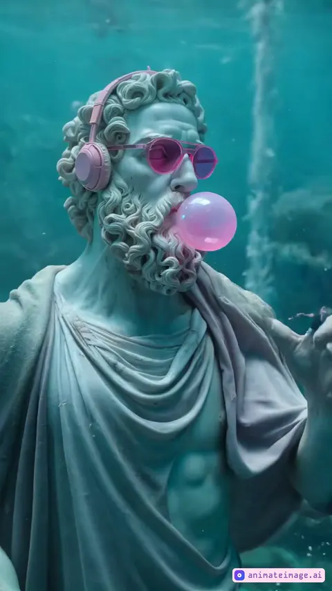 Let there be a Poseidon chewing pink gum. Let the gum inflate slowly and pop like a balloon. When it pops, it will spread a glow. Once it pops, it will not inflate again. Let notes come out of his headphones and spread out in the surroundings.