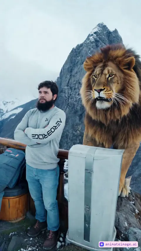   a man standing on top of mountain covered with  snow. giant lion behind him roaring <em category=1>the camera rotates around the subject</em> 
