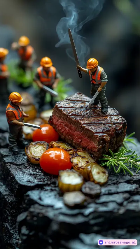 miniature men working and cutting on food, steaming smoke