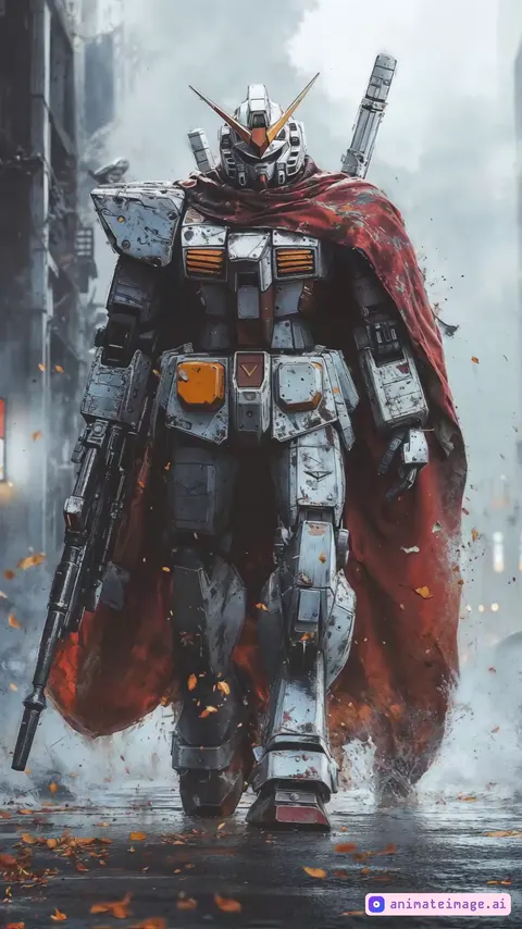 The gundam moving forward to the camera. Intense camera shot, with crazy effects. Make it exciting.