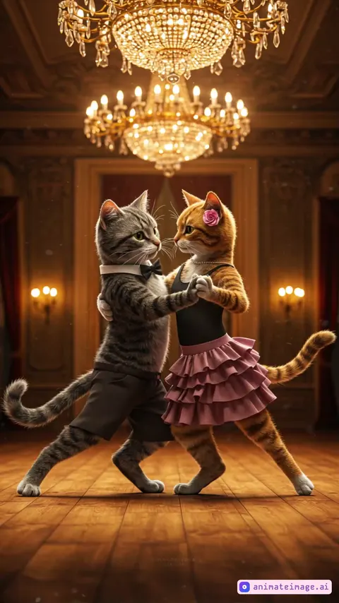 <em category=1>the camera follows the subject moving</em>two cats dancing the tango in a grand ballroom. Show one cat leading in a bow tie and the other following with a flower, both moving gracefully. Include a chandelier, polished floor, and ornate walls. Capture the elegance and passion of their dance with smooth, realistic movements."