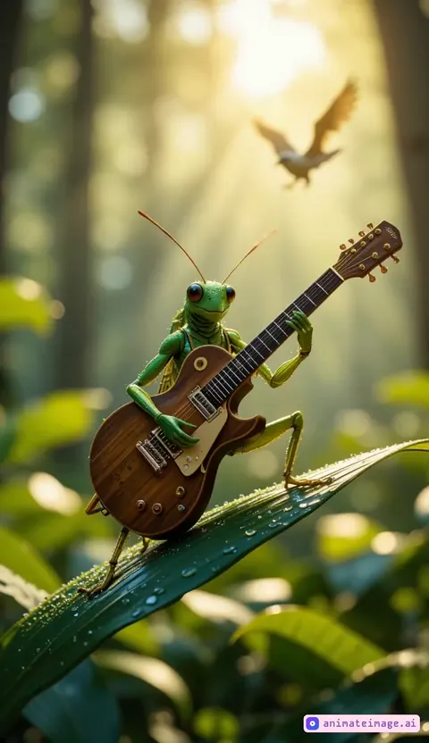 Close-up tracking shot of a grasshopper strumming a guitar on a dewy leaf. Sunbeams pierce through the lush forest, illuminating the shimmering droplets. A bird swoops gracefully in the background. Magical, lively, and surreal."