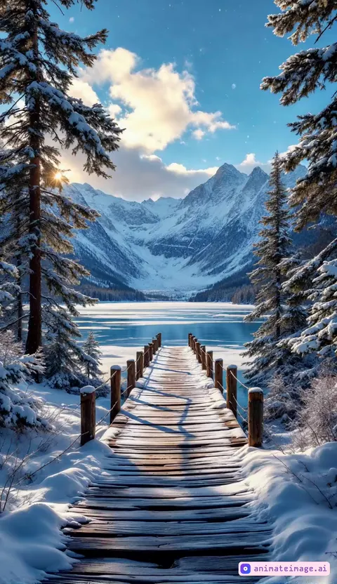 The camera smoothly moves forward along the road, revealing a breathtaking winter landscape and pristine snow. adding movement and depth to a serene atmosphere. The composition reflects the beauty of nature with hyper-realistic details, a balanced contrast of cool and warm tones and an ideal depth of field. Filmed with a DJI Inspire 3 drone, 24mm lens, cinematic 8K resolution provides an exciting and impressive winter journey.