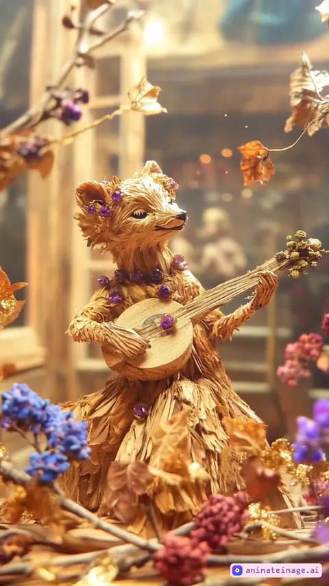 the character is playing guitar and batting her eyelashes. Leaves are falling in the background and golden glitters are flying all around. The camera is zooming in