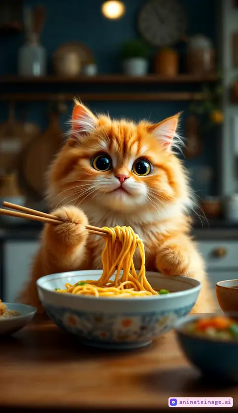 Cat enjoy eating noddle yummy