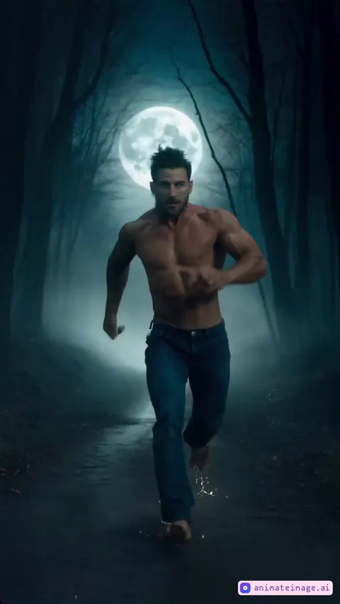 A hyper-realistic video scene set in a dark, eerie forest path under a full moon. Mist swirls through the trees, creating an unsettling atmosphere. A man with bare, mud-covered feet runs toward the camera, splashing through the wet, muddy ground. As he approaches the camera, he suddenly leaps forward and downward, beginning a chaotic and magical transformation. His body shifts and morphs into the form of a black alpha wolf, with glowing eyes and powerful, muscular features. The transformation is intense, with sparks and energy emanating from his body as he changes into a fearsome, imposing creature. The forest path and mist add to the ominous and supernatural ambiance. The camera follows the action, capturing every moment of the transformation and the man turning into the wolf