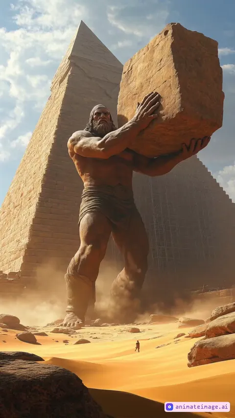 A towering giant carefully places a massive limestone block onto the desert ground while constructing a colossal pyramid. His muscles flex under weathered skin, showcasing immense strength and control. The partially built pyramid rises behind him, with scaffolding and smaller workers assisting. Dust swirls around the stone as it settles, bathed in warm golden sunlight. The desert stretches endlessly, with long shadows cast by the towering figure, creating an epic and realistic scene of ancient construction