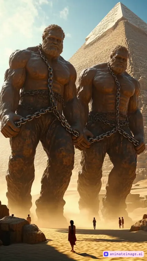 Two colossal giants, their muscular bodies glistening under the golden desert sun, drag a massive stone block using thick iron chains. Their feet press deep into the sand with each powerful step, veins bulging from the strain. A cloud of dust rises as the stone scrapes across the ground. On the side, normal-sized people watch in awe, their small figures emphasizing the giants' immense size. The partially built pyramid looms in the background, scaffolding visible. The scene has subtle movement—chains clinking slightly, dust swirling in the air, and fabric gently shifting in the warm breeze—creating a realistic and cinematic atmosphere