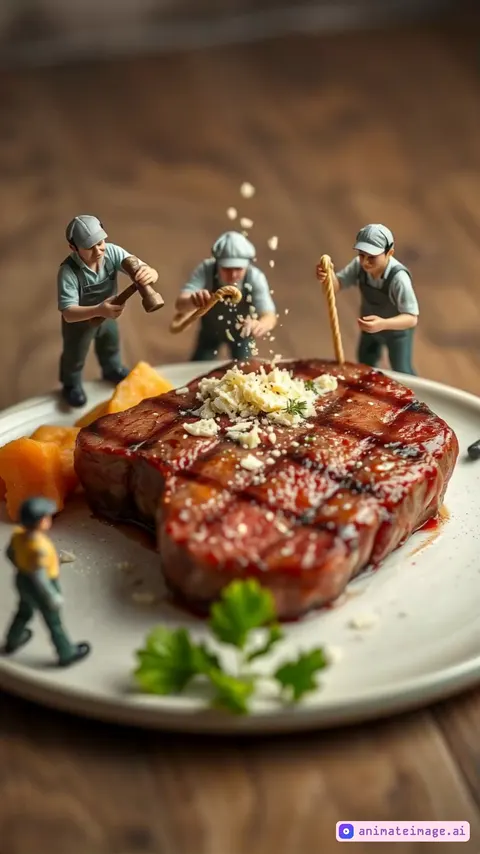 A video of tiny workers carefully preparing a giant, juicy steak. One hammers seasoning into the meat, another sprinkles parmesan from a rope, while others add final garnishes. Warm lighting and rich textures create a delicious, cinematic feel.