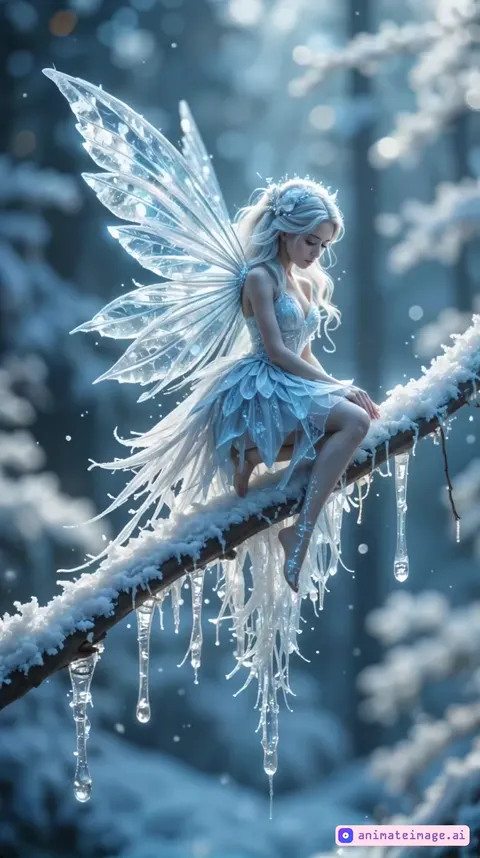Hyperrealistic: Photorealistic:The fairy sits gracefully on a snow-covered branch, surrounded by shimmering icy icicles. She slowly rises, her movements fluid and elegant. Her delicate wings unfold, glowing softly with an icy light. With a gentle flutter, she leaps from the branch, and a swirl of sparkling snowflakes and magical glimmers bursts around her.In mid-flight, her wings leave behind a glowing trail, resembling frosty patterns in the air. Her dress and flowing hair ripple gently with the motion. The camera follows her ascent, capturing the enchanting flight as she hovers in mid-air, surrounded by whirling snowflakes, creating a magical and dreamlike atmosphere.