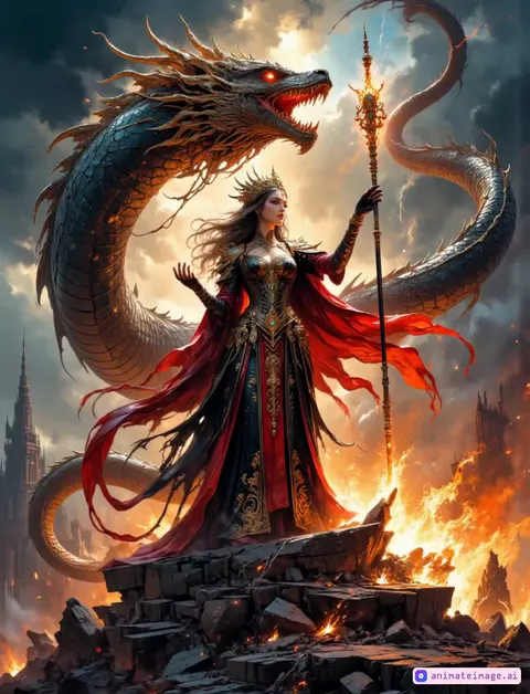 A majestic sorceress stands atop a crumbling, fiery battlefield, her crimson and gold robes billowing in the wind as flames rage around her. She raises her ornate staff high, its glowing core pulsating with raw power, while behind her, a colossal serpentine dragon coils through the stormy sky, its molten eyes blazing with fury. The beast lets out a deafening roar, embers scattering from its metallic scales as it prepares to unleash destruction. The camera sweeps in a dramatic motion—starting low at the burning ruins, rising to frame the sorceress's fierce, unshaken gaze, then circling around to reveal the full scale of the dragon’s coiled form against the apocalyptic skyline. Sparks fly, the wind howls, and the atmosphere crackles with magic as the moment builds toward an impending, cataclysmic battle.