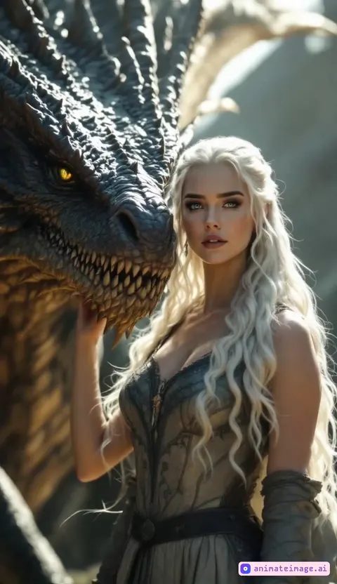 Daenerys, the Mother of Dragons, stands tall and proud next to her fierce and majestic dragon, its scales glistening in the sunlight. The scene is straight out of a Game of Thrones episode, with Daenerys' flowing silver hair and regal attire adding to the epic fantasy feel.