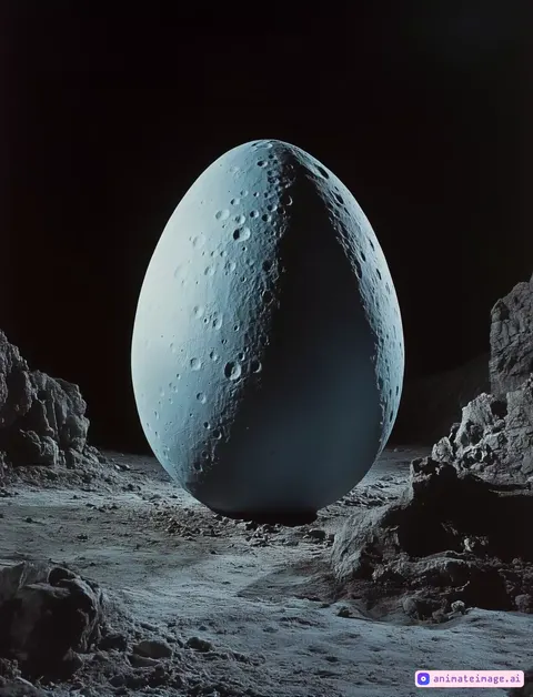 Dragon hatching from a giant egg on the moon