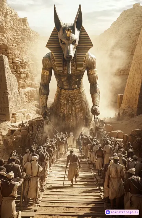 The massive Anubis-like figure walks forward with slow, deliberate steps, each footfall shaking the wooden bridge beneath him. His towering presence casts a long shadow over the enslaved workers who struggle to pull heavy ropes attached to his golden garments. The dust swirls around their feet, kicked up with every movement, creating a hazy atmosphere in the scorching desert heat. The workers strain and stumble under the weight, their bodies swaying as they pull in synchronized effort. Some turn their heads nervously toward the approaching giant, while others focus on their task with grim determination. The ancient ruins in the background remain still, but the sand shifts subtly with the wind, adding to the dynamic energy of the scene. The Anubis figure’s golden ornaments glint under the sunlight as he moves forward, his head tilting slightly as if surveying the scene. His muscles flex with each motion, and the ropes creak under tension. Natural and realistic motion.