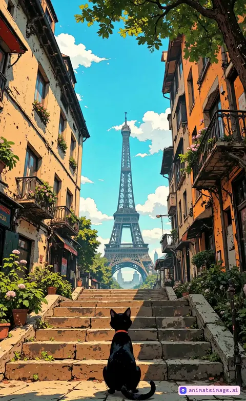 The cat gets up. It walks up the stone staircase towards the Eiffel Tower. Along the way, until it disappears into the distance. The clouds and plants sway gently in the wind.