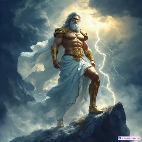 A cinematic scene of Zeus, the Greek god of thunder, standing atop Mount Olympus as storm clouds swirl violently around him. His long, flowing white hair and beard move with the fierce winds, and his golden armor gleams under flashes of lightning. With an intense, commanding gaze, he raises his hand to the sky, summoning raw divine energy. Sparks crackle and surge as a massive lightning bolt forms in his palm, growing in intensity before he hurls it down with immense power. The sky erupts with thunderous roars, illuminating the ancient Greek temples in the distance. The ground trembles as streaks of electricity arc through the air, showcasing Zeus’s supreme control over the storm. The scene ends with Zeus standing tall, his eyes glowing with celestial might, as the storm continues to rage around him.