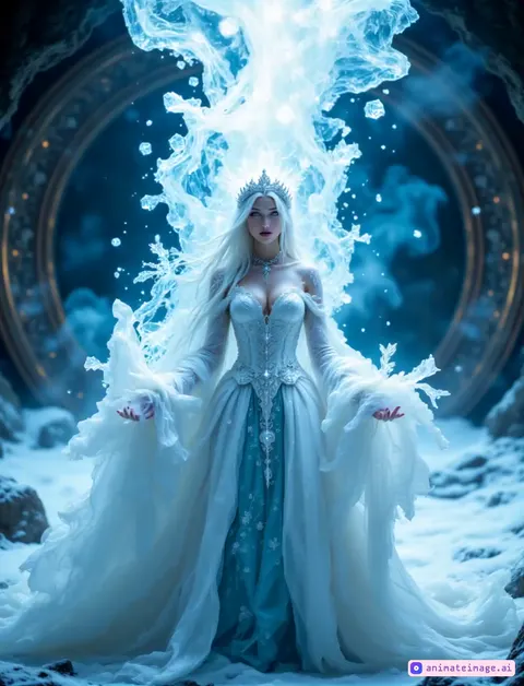 A regal ice queen stands in a frozen landscape, her flowing white and blue gown billowing as an immense surge of icy magic erupts from her hands, spiraling into the air. Snowflakes crystallize mid-air, and shards of ice form intricate patterns around her. Her piercing gaze remains steady, glowing with ancient power. The swirling energy intensifies, creating a vortex of frost and wind that lifts her hair and cloak dramatically. The camera starts with a tight focus on her determined expression before pulling back to reveal the full spectacle of her magic, icy tendrils expanding outward. The lighting is a cold ethereal blue, contrasting with the shimmering snow and the dark cavernous background. The atmosphere is powerful, otherworldly, and majestic, evoking a sense of unstoppable elemental force.