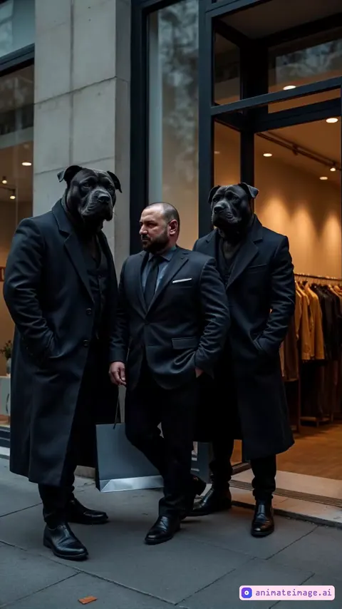 A man leaves the store and walks confidently down the street, he is accompanied by two bodyguards with the head of a pit bull.  The camera follows the man.   The scene is shot in ultra-high 8K resolution with hyper-realistic details, high contrast and soft shadows.