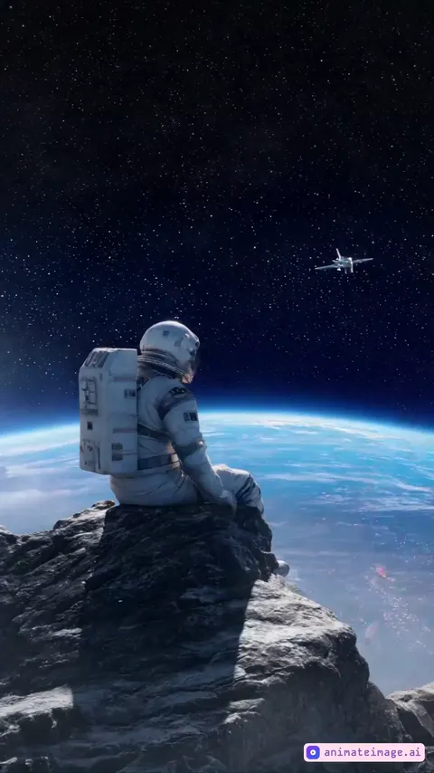 An astronaut sits alone on a jagged rock, gazing at Earth glowing in the distant cosmos. His visor reflects the blue planet, a longing sigh escaping as stars twinkle in the vast emptiness around him. Spaceships are flying away on the background.