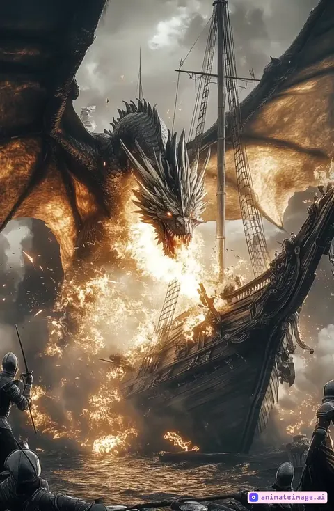 Camera handheld, capturing an intense and chaotic action sequence. A massive dragon unleashes a fiery breath, engulfing a ship in flames as it violently explodes. Soldiers in armor stand on the foreground, shields and spears raised, reflecting the firelight. The camera follows the motion dynamically, shaking with the impact, and slows down to emphasize debris flying, fire roaring, and the dragon's wings flaring wide. Smoke and embers fill the air, creating a surreal, apocalyptic atmosphere. The dragon roars in slow motion, with the explosion dominating the background in fiery brilliance