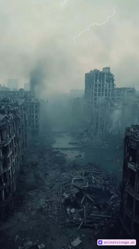 The camera moves smoothly forward, creating the effect of an FPV drone flight over the ruins of a destroyed city. It glides between partially collapsed buildings, following the natural curve of the street while avoiding debris. Dynamic tilts add a sense of speed and immersion, occasionally dipping closer to the ground to highlight the shattered infrastructure before rising again. Smoke swirls between the buildings, and at times, the camera flies through a veil of fog. Lightning flashes in the sky, causing a slight camera shake from atmospheric turbulence. The motion is natural and realistic.