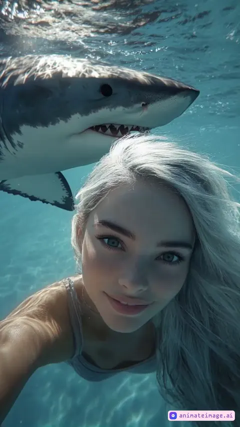 Professional HD x36 camera, slow camera movement, a girl with long ash-white hair smiles and slowly swims forward underwater, her hair gently rippling, Her facial expression remains calm and poised; she first looks into the camera and then begins to smile gently. The smile develops with the natural, delicate muscles of her face, enhancing the feeling of warmth and authenticity. The movement of her smile is smooth and happy, with no sudden changes or pauses. Her hair flutters in the wind.Sunlight streams through the surface of the water, creating a play of light and shadow. Behind her, a great white shark swims naturally and gracefully.Crystal clear water, slight camera wiggle effect for realism