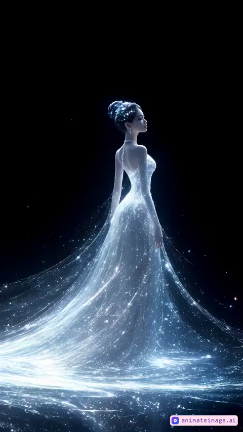 A stunning, elegant woman with a glowing white magical dress gracefully dances in mid-air. Her movements are fluid and ethereal, as if she is weightless, gliding through an enchanted realm. Her long dress shimmers with pure, radiant white light, leaving behind soft luminous trails as she twirls. Delicate silvery energy particles follow the movement of her hands, swirling like enchanted stardust. She performs slow, mesmerizing spins, her dress expanding in waves of glowing white energy. The background is dark and mystical, with soft, drifting light resembling floating mist. The camera dynamically follows her, zooming in on her serene expression and then pulling back as she twirls, capturing the hypnotic elegance of her celestial dance.